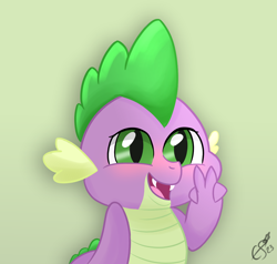 Size: 1050x1000 | Tagged: safe, artist:cobaltskies002, spike, dragon, g4, blushing, cute, fangs, happy, male, open mouth, open smile, peace sign, smiling, solo, spikabetes