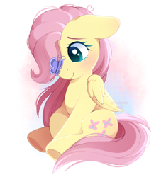 Size: 1770x1895 | Tagged: safe, artist:adostume, fluttershy, butterfly, pegasus, pony, g4, blushing, butterfly on nose, cute, eyebrows, female, floppy ears, folded wings, insect on nose, long mane, looking at something, mare, partial background, raised hoof, shy, shyabetes, signature, simple background, sitting, smiling, solo, three quarter view, wings