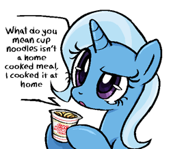 Size: 485x423 | Tagged: safe, artist:muffinz, derpibooru exclusive, trixie, pony, unicorn, g4, cup noodles, female, food, logic, mare, noodles, simple background, solo, white background