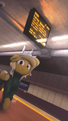 Size: 2700x4800 | Tagged: safe, artist:potato22, oc, oc only, oc:mareota, pegasus, pony, bag, clothes, dutch angle, looking at you, lorem ipsum, solo, train station, turtleneck, walking