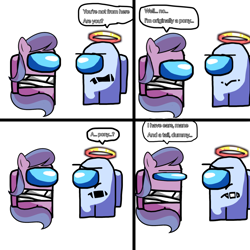 Size: 1280x1280 | Tagged: safe, artist:josephthedumbimpostor, velvet light, g4, 4 panel comic, among us, bandage, barely pony related, comic, white impostor