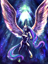 Size: 900x1200 | Tagged: safe, artist:kreativpony, edit, princess celestia, alicorn, pony, g4, belly, crown, epic, hoof shoes, horn, jewelry, large wings, lighting, long horn, long mane, long tail, majestic, peytral, princess shoes, regalia, ribcage, shading, solo, spread wings, tail, wings