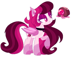 Size: 510x412 | Tagged: safe, artist:shebasoda, oc, oc only, oc:cherry cordial, bat pony, base used, bat pony oc, beauty mark, body markings, choker, closed mouth, clothes, coat markings, colored eartips, colored eyelashes, colored hooves, colored muzzle, colored pupils, colored wings, ear tufts, eyeshadow, facial markings, fangs, female, folded wings, lidded eyes, magenta eyes, makeup, mare, pale belly, pink, ponysona, raised hoof, simple background, slit pupils, smiling, socks, solo, standing, star (coat marking), transparent background, wings
