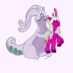 Size: 1500x1500 | Tagged: safe, artist:mintwhistle, opaline arcana, alicorn, dragon, goodra, pony, g5, annoyed, blue eyeshadow, colored hooves, crossover, cute, dot eyes, duo, emanata, eyes closed, eyeshadow, female, frown, grumpy, holding a pony, hug, irritated, makeup, mare, medibang paint, missing accessory, off-white background, opaline arcana is not amused, pink background, pokémon, simple background, sitting, slime, smiling, unamused, unshorn fetlocks