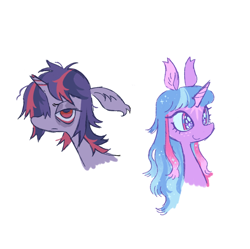 Size: 1168x1165 | Tagged: safe, artist:webkinzworldz, twilight sparkle, pony, unicorn, g4, alternate color palette, alternate design, alternate hairstyle, bags under eyes, blue sclera, broken horn, bust, coat markings, contrast, duality, ear tufts, ears back, facial markings, freckles, frown, gradient mane, hair over one eye, horn, lidded eyes, messy mane, pink eyes, red eyes, simple background, smiling, solo, sparkly mane, star (coat marking), tired, unamused, unicorn twilight, white background