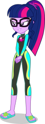 Size: 1525x4164 | Tagged: safe, artist:dustinwatsongkx, sci-twi, twilight sparkle, human, equestria girls, g4, my little pony equestria girls: better together, accessory swap, clothes, clothes swap, feet, female, fluttershy's wetsuit, geode of fauna, glasses, magical geodes, sandals, simple background, solo, swimsuit, swimsuit swap, transparent background, vector, wetsuit
