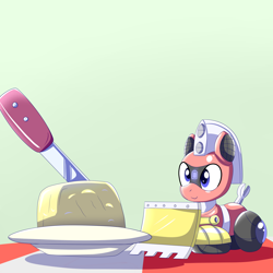 Size: 5000x5000 | Tagged: safe, artist:trackheadtherobopony, oc, oc:trackhead, original species, pony, robot, robot pony, wheelpone, bulldozer, butter, food, knife, miniature pony, solo