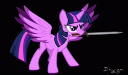 Size: 3400x2000 | Tagged: safe, artist:ihavenointrest, twilight sparkle, alicorn, pony, g4, black background, female, high res, mare, mouth hold, simple background, solo, sword, twilight sparkle (alicorn), weapon