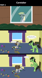 Size: 1920x3516 | Tagged: safe, artist:platinumdrop, derpy hooves, oc, oc:anon, oc:anon stallion, pegasus, pony, comic:caretaker, series:caretaker, g4, 3 panel comic, angry, ball, bedroom, blanket, blocks, box, bubble wand, caretaker, chair, come here, comic, commission, crying, curtains, dialogue, duo, duo male and female, ears back, fear, female, filly, filly derpy, floppy ears, foal, folded wings, frown, imminent abuse, indoors, looking at each other, looking at someone, looking down, looking out the window, male, messy room, onomatopoeia, open mouth, plushie, raised hoof, room, sad, scared, scowl, series, sitting, sniffing, sound effects, speech bubble, stallion, stern, talking, tears of fear, teary eyes, toy, walking, window, wings, wings down, younger