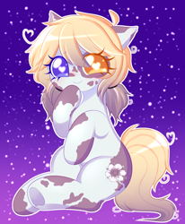 Size: 1614x1956 | Tagged: safe, artist:arwencuack, oc, oc only, earth pony, pony, blushing, commission, heart, heart eyes, heterochromia, hoof heart, pigtails, simple background, smiling, solo, underhoof, wingding eyes