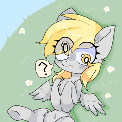 Size: 1280x1280 | Tagged: safe, artist:兔bee, derpy hooves, pegasus, pony, g4, belly button, chest fluff, eye clipping through hair, female, mare, question mark, solo, speech bubble