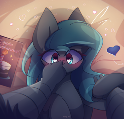 Size: 2450x2350 | Tagged: safe, artist:miryelis, oc, griffon, pegasus, pony, big ears, blushing, boop, commission, female, heart, heart eyes, high res, long hair, lying down, offscreen character, on back, paws, pov, shipping, smiling, wingding eyes