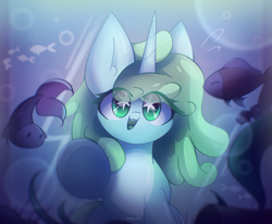 Size: 2550x2100 | Tagged: safe, artist:miryelis, oc, oc only, oc:mintya, fish, goo, goo pony, original species, pony, big ears, bubble, commission, crepuscular rays, female, flowing mane, high res, horn, long hair, ocean, open mouth, open smile, seaweed, smiling, solo, starry eyes, sunlight, swimming, underwater, water, wingding eyes