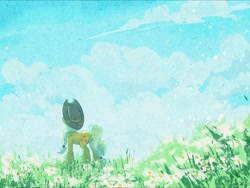 Size: 2160x1620 | Tagged: safe, artist:lendftcn, applejack, earth pony, pony, g4, alternate hairstyle, female, field, flower, flower field, grass, hat, looking away, looking up, mare, outdoors, rear view, scenery, sky, solo, standing