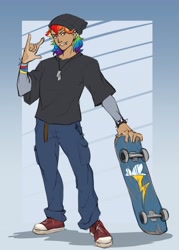 Size: 2938x4096 | Tagged: safe, artist:chub-wub, rainbow dash, human, g4, alternate hairstyle, beanie, belt, clothes, converse, denim, devil horn (gesture), dog tags, ear piercing, earring, female, grin, hat, humanized, jeans, jewelry, lip piercing, masculine female, one eye closed, pants, piercing, shirt, shoes, skateboard, smiling, snake bites, solo, spiked wristband, tan skin, tomboy, wink, wristband