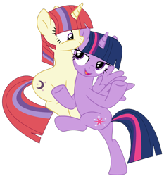 Size: 2150x2305 | Tagged: safe, artist:bomberchif, artist:twilyisbestpone, moondancer, twilight sparkle, alicorn, pony, unicorn, g4, base used, bedroom eyes, bipedal, duo, duo female, female, flirting, frown, high res, holding a pony, lesbian, mare, open mouth, open smile, pegasus wings, ship:twidancer, shipping, simple background, smiling, transparent background, twilight sparkle (alicorn), wings