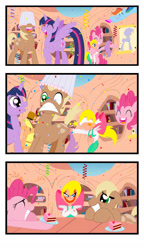Size: 1024x1777 | Tagged: safe, artist:bbbhuey, megan williams, pinkie pie, rainbow dash, tj, twilight sparkle, alicorn, earth pony, human, pegasus, pony, g1, g4, anal insertion, cake, comic, confetti, cute, dashabetes, diapinkes, female, food, g1 to g4, generation leap, golden oaks library, insertion, literal butthurt, male, mare, megandorable, pain, party, pin the tail on the pony, stallion, streamers, surprised, tjbetes, twiabetes, twilight sparkle (alicorn)