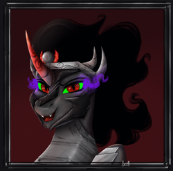 Size: 2602x2573 | Tagged: safe, artist:rainviv, king sombra, pony, unicorn, g4, antagonist, armor, bust, evil, helmet, high res, looking at you, male, shading, simple background, smiling, smiling at you, solo, sombra eyes, stallion