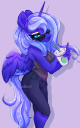 Size: 1280x2029 | Tagged: safe, artist:cabbage-arts, princess luna, anthro, g4, breasts, clothes, denim, drink, female, hair over one eye, jeans, pants, signature, simple background, starbucks, sunglasses, tank top