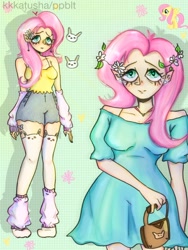 Size: 960x1280 | Tagged: safe, artist:kkkatudha, fluttershy, human, pony, rabbit, g4, alternate hairstyle, animal, arm warmers, bag, breasts, clothes, dress, ear piercing, earring, female, flower, flower in hair, heart, heart eyes, humanized, jewelry, leg warmers, mare, necklace, piercing, shorts, socks, solo, stockings, tank top, thigh highs, thigh socks, wingding eyes