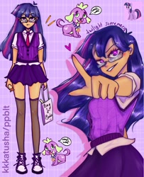 Size: 1041x1280 | Tagged: safe, artist:kkkatudha, spike, spike the regular dog, twilight sparkle, alicorn, dog, human, pony, equestria girls, g4, alternate hairstyle, bag, candy, clothes, collar, converse, dpg, ear piercing, earring, female, food, glasses, glowing, glowing eyes, grin, heart, humanized, jewelry, male, mare, miniskirt, nail polish, necktie, open mouth, piercing, shirt, shoes, skirt, smiling, solo, spike the dog, stockings, sweater vest, tan skin, thigh highs, thigh socks, twilight sparkle (alicorn)