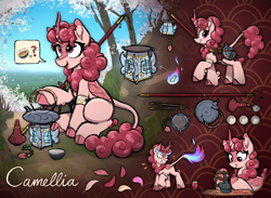Size: 4000x2921 | Tagged: safe, artist:selenophile, oc, oc only, oc:camellia, kirin, nirik, adoptable, cup, female, high res, kirin oc, lantern, looking at something, open mouth, outdoors, pictogram, raised hoof, reference sheet, sitting, smiling, speech bubble, teacup, teapot