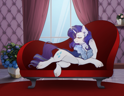 Size: 1090x842 | Tagged: safe, artist:lushil, rarity, pony, unicorn, g4, the last problem, couch, curtains, ear piercing, earring, eyes closed, fainting couch, female, flower, horn, horn jewelry, jewelry, lying down, mare, older, older rarity, piercing, potted plant, prone, smiling, unshorn fetlocks, window