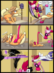 Size: 7500x10000 | Tagged: safe, artist:chedx, applejack, rarity, earth pony, gem (race), pony, unicorn, comic:learning with pibby glitch battles, g4, spoiler:steven universe: the movie, butt, comic, commission, corrupted, crossover, fanfic, fanfic art, fight, gem, kung fu, multiverse, plot, spinel, spinel (steven universe), spoilers for another series, steven universe, steven universe: the movie
