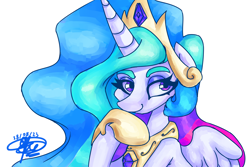 Size: 3600x2400 | Tagged: safe, artist:mannybcadavera, princess celestia, alicorn, pony, g4, bust, crown, eyebrows, female, high res, hoof on chin, jewelry, mare, peytral, regalia, signature, simple background, smiling, solo, white background