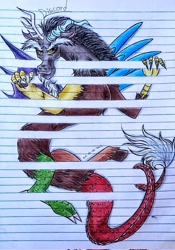Size: 716x1024 | Tagged: safe, artist:ori_mlp, discord, draconequus, g4, 2023, cool, female, lined paper, male, mare, name, signature, solo, the fourth wall cannot save you, traditional art