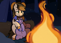 Size: 3508x2480 | Tagged: safe, artist:sefastpone, oc, oc only, earth pony, pony, belly, campfire, camping, cowboy hat, cuddling, fire, forest, gay, hat, high res, male, night, stallion, tent