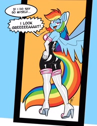 Size: 2550x3300 | Tagged: safe, artist:latexia, rainbow dash, pegasus, anthro, g4, abstract background, ass, bedroom eyes, boots, breasts, butt, clothes, commission, cosplay, costume, evening gloves, eye clipping through hair, female, gloves, high heel boots, high res, latex, latex gloves, latex suit, long gloves, looking back, mirror, open mouth, open smile, rainbow dash always dresses in style, rainbutt dash, reflection, rouge the bat costume, shoes, signature, smiling, solo, sonic the hedgehog (series), tail, tail hole, talking, wings