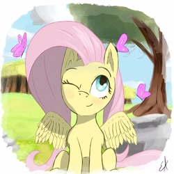 Size: 2560x2560 | Tagged: safe, artist:gorebox, fluttershy, butterfly, pegasus, pony, g4, female, forest, full face view, halftone, high res, looking at something, looking up, mare, one eye closed, outdoors, rock, sitting, smiling, solo, spread wings, tree, wings