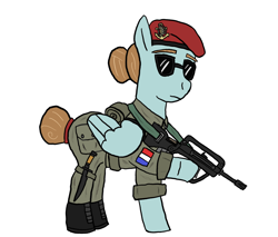 Size: 1956x1668 | Tagged: safe, artist:dafid25, oc, oc only, pegasus, pony, bayonet, beret, boots, clothes, famas, folded wings, french, gun, hair bun, hat, military uniform, paratrooper, rifle, shoes, simple background, soldier, solo, standing, sunglasses, tail, tail bun, uniform, weapon, white background, wings