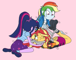 Size: 2994x2374 | Tagged: safe, artist:bugssonicx, rainbow dash, sci-twi, sunset shimmer, twilight sparkle, human, equestria girls, g4, betrayal, bondage, bound and gagged, eyes closed, gag, high res, hogtied, one eye closed, pink background, simple background, smiling, tape, tape bondage, tape gag