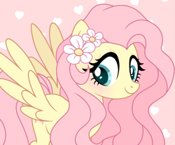 Size: 1303x1080 | Tagged: safe, artist:cstrawberrymilk, fluttershy, pegasus, pony, g4, colored, female, flat colors, flower, flower in hair, looking away, looking down, mare, smiling, solo, spread wings, three quarter view, wings