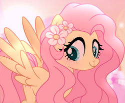 Size: 1303x1080 | Tagged: safe, artist:cstrawberrymilk, fluttershy, pegasus, pony, g4, female, flower, flower in hair, looking away, looking down, mare, smiling, solo, spread wings, three quarter view, wings