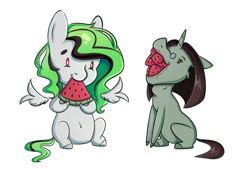 Size: 2530x1711 | Tagged: safe, artist:tanatos, oc, oc only, oc:nuclear integrity, oc:swamp slurry, pegasus, pony, unicorn, chibi, cursed, female, food, glasses, herbivore, simple background, watermelon, white background