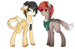 Size: 1533x1000 | Tagged: safe, artist:oniiponii, oc, oc only, earth pony, pegasus, pony, colored wings, duo, earth pony oc, eyelashes, female, graduation cap, hat, male, mare, neckerchief, necktie, pegasus oc, simple background, stallion, transparent background, two toned wings, wings