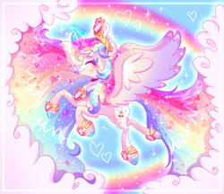 Size: 962x831 | Tagged: safe, artist:shebasoda, oc, oc only, oc:queencess rainbowheart glittercake, alicorn, pony, alicorn oc, blush sticker, blushing, bracelet, cloud, colored eyelashes, colored hooves, colored wings, crown, ethereal hair, ethereal mane, ethereal tail, eyes closed, female, flying, gradient legs, gradient mane, gradient tail, gradient wings, heart, horn, jewelry, joke oc, magic, magic aura, mare, mary sue, multicolored hair, peytral, rainbow, rainbow hair, rainbow tail, regalia, sky, smiling, solo, sparkles, sparkly mane, sparkly tail, spread wings, tail, wings