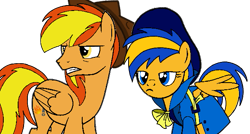 Size: 593x318 | Tagged: safe, artist:muhammad yunus, oc, oc only, oc:firey ratchet, oc:flare spark, pegasus, pony, g4, clothes, detective, duo, duo male and female, fedora, female, hat, male, mare, simple background, spread wings, stallion, transparent background, trenchcoat, unamused, wings