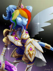 Size: 1536x2048 | Tagged: safe, artist:jeremywithlove, edit, editor:maonyman, rainbow dash, draenei, pegasus, pony, g4, armor, cute, glowing, glowing eyes, hammer, hammer of the naaru, heroes of the storm, mace, ponified, solo, warcraft, weapon, world of warcraft, yrel