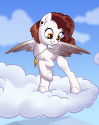 Size: 840x1060 | Tagged: safe, artist:sirzi, oc, oc only, pegasus, pony, cloud, colored wings, ear piercing, freckles, jewelry, multicolored wings, necklace, on a cloud, pegasus oc, piercing, signature, solo, wings