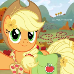 Size: 1080x1080 | Tagged: safe, artist:apple.tothecore, applejack, earth pony, pony, g4, the last problem, alternate hairstyle, apple, apple tree, autumn, bag, bags under eyes, braid, clothes, cloud, eye wrinkles, female, flower, flower in hair, food, granny smith's shawl, grass, hair tie, looking at you, mare, mountain, older, older applejack, saddle bag, scarf, selfie, show accurate, sky, smiling, smiling at you, solo, tree