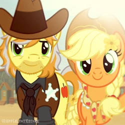 Size: 1080x1080 | Tagged: safe, artist:apple.tothecore, applejack, braeburn, earth pony, pony, g4, the last problem, alternate hairstyle, alternate tailstyle, applejack's hat, appleloosa, badge, bags under eyes, blurry background, braid, building, clothes, cousins, cowboy hat, duo, duo male and female, eye wrinkles, female, flower, flower in hair, hat, male, mare, mountain, older, older applejack, older braeburn, outdoors, selfie, sheriff's badge, skunk stripe, sky, smiling, stallion, sunlight, sunshine, tail