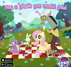 Size: 1284x1215 | Tagged: safe, gameloft, angel bunny, discord, fluttershy, spike, butterfly, dragon, g4, my little pony: magic princess, app icon, app store, carrot, cupcake, female, flower, food, google play, grapes, male, my little pony logo, outdoors, picnic, picnic blanket, sitting, tea party, video game