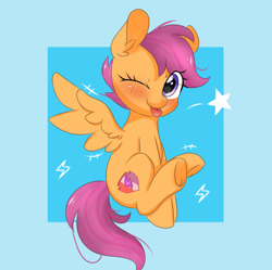 Size: 1048x1045 | Tagged: safe, artist:twiliset, derpibooru exclusive, scootaloo, pegasus, pony, g4, ;p, blue background, blushing, cute, cutealoo, female, filly, foal, lightning, looking at you, one eye closed, passepartout, simple background, solo, spread wings, stars, tongue out, wings, wink, winking at you