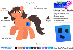 Size: 2442x1679 | Tagged: safe, artist:epsipeppower, oc, oc only, oc:robertapuddin, pony, :3, ash ketchum, bisexual, cheerleader, cutie mark, detailed, fluffy, hairclip, pansexual, pokémon, raised hoof, reference sheet, simple background, small, smol, solo, therapist, transgender, white background
