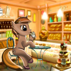 Size: 4000x4000 | Tagged: safe, artist:milimnava031, oc, oc only, oc:elegant latte, pony, unicorn, bread, cake, clothes, coffee, coffee cup, cup, cupcake, food, horn, shoes, unicorn oc