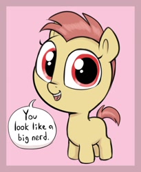 Size: 1108x1348 | Tagged: safe, artist:heretichesh, oc, oc only, earth pony, pony, big eyes, big head, blank flank, bronybait, dialogue, female, filfil, filly, foal, looking at you, open mouth, open smile, pink background, simple background, smiling, smiling at you, smol, solo, talking to viewer